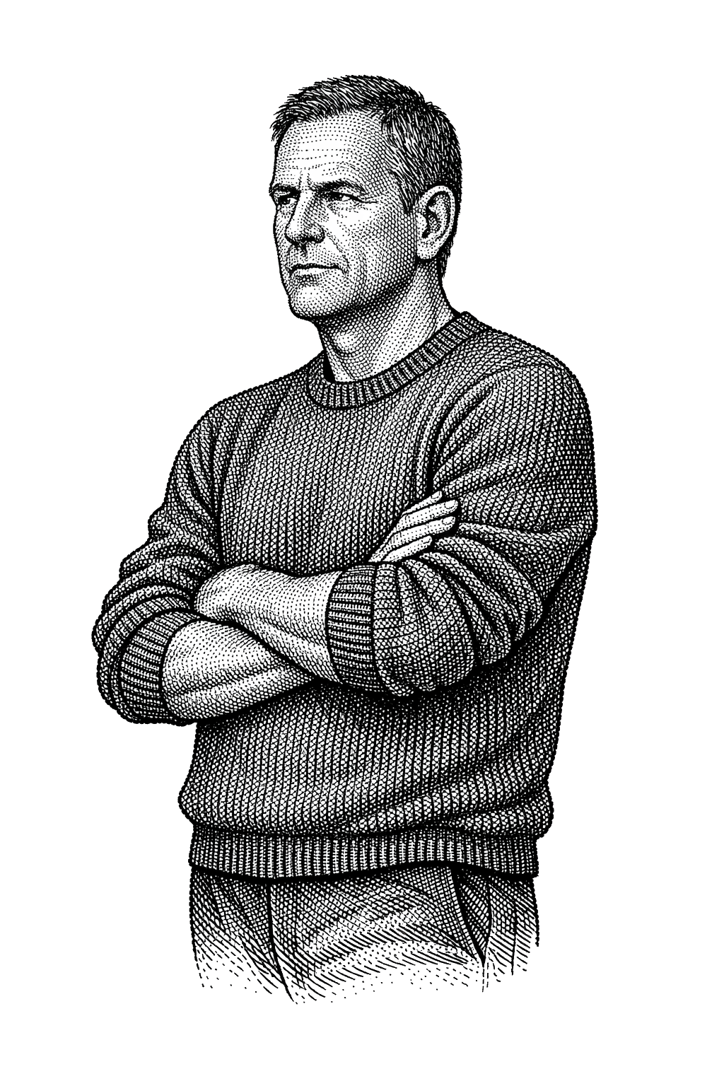 A middle-aged man with folded arms, rendered in newspaper-hedcut stipple
