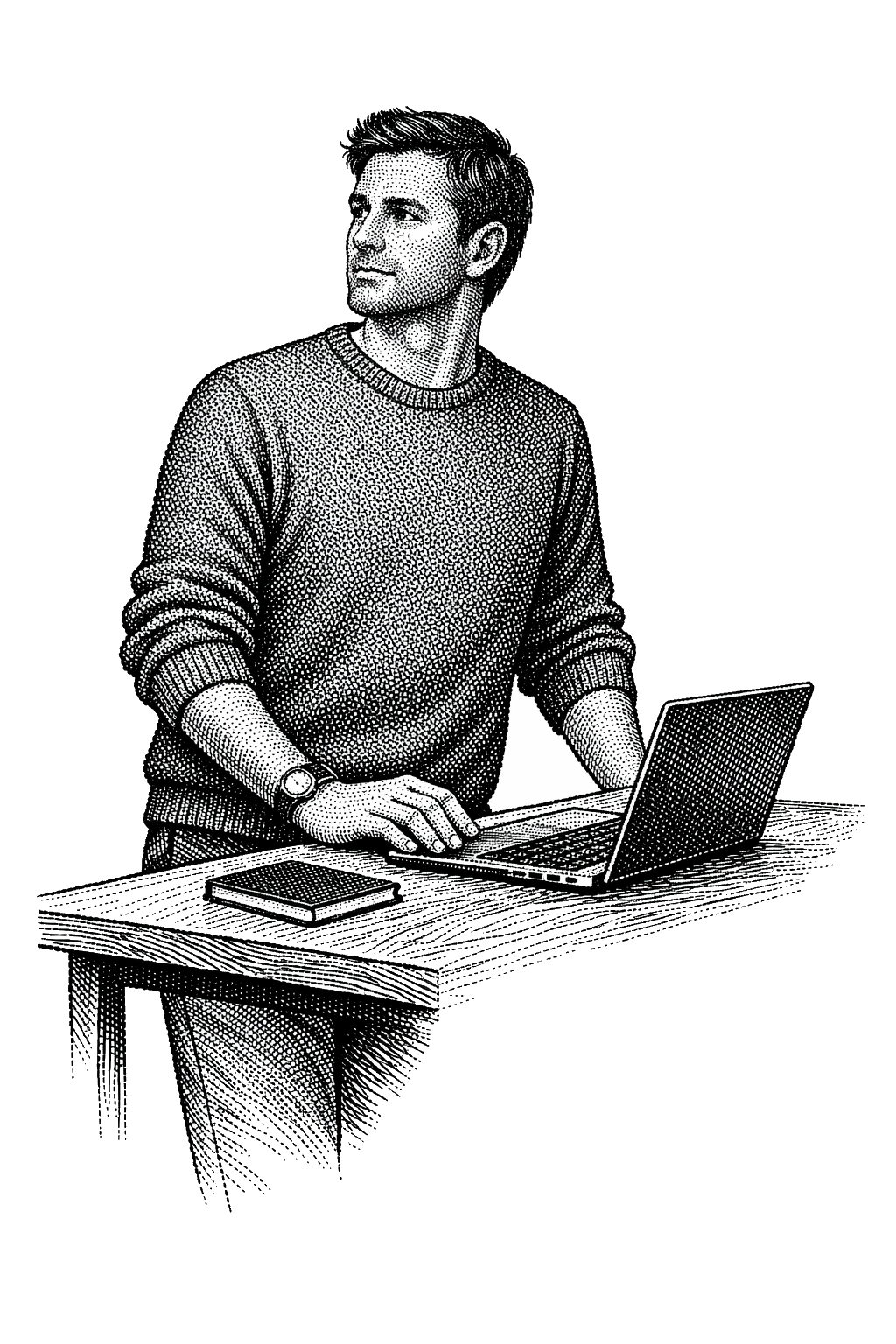 A contemplative operator at a standing desk, newspaper-hedcut stipple engraving