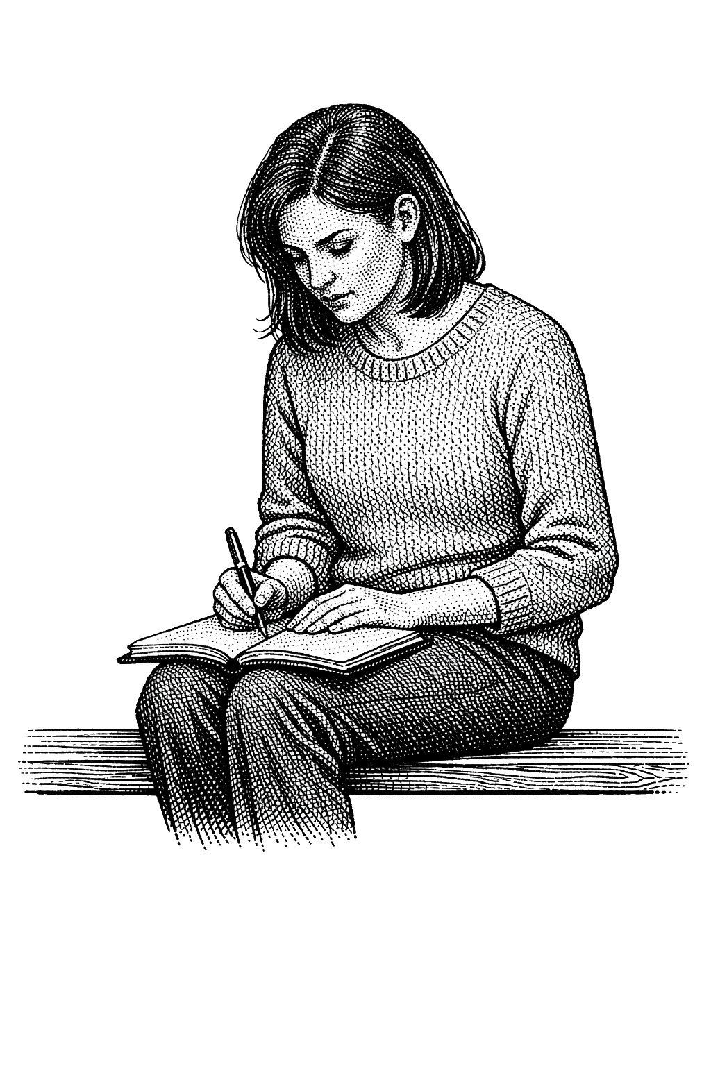 A reader seated on a bench studying a notebook, rendered in newspaper-hedcut stipple