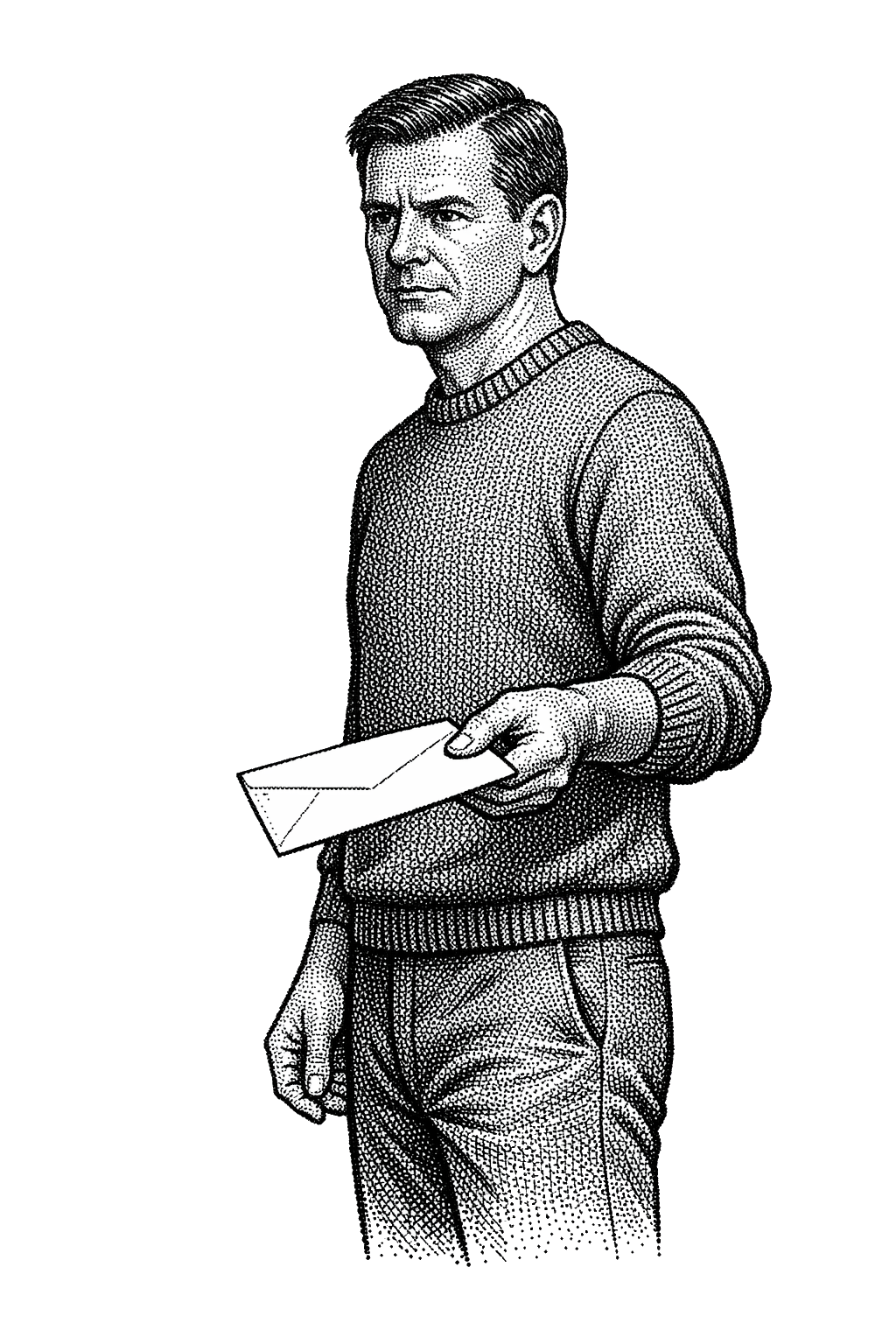 A man holding a folded paper envelope, rendered in newspaper-hedcut stipple